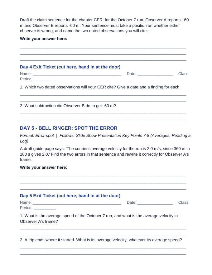 Reference Frames & Displacement Bell Ringers & Exit Tickets sample page