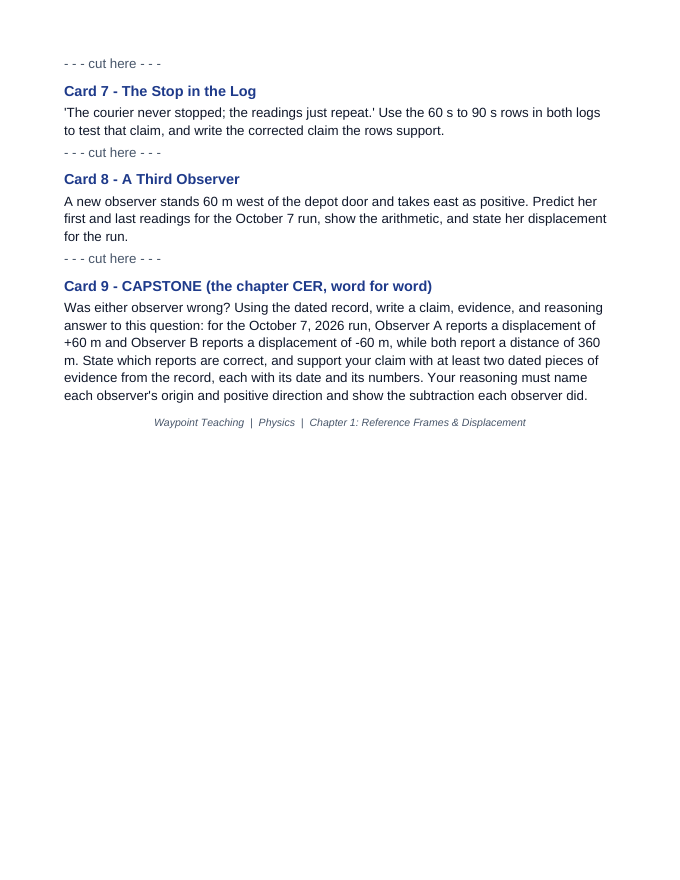Reference Frames & Displacement CER Task Cards sample page