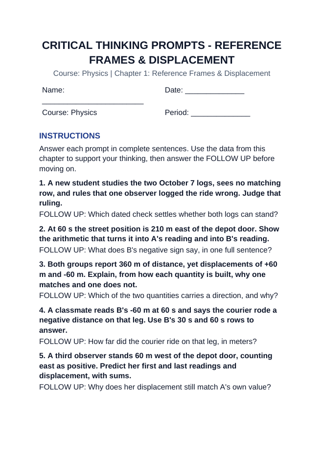 Reference Frames & Displacement Critical Thinking Prompts sample page