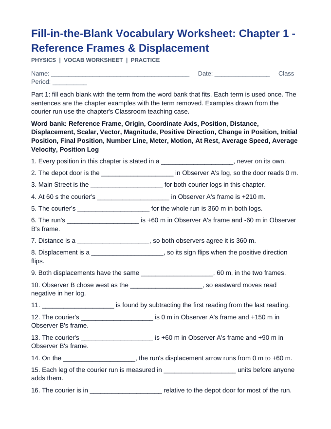 Reference Frames & Displacement Fill-in-the-Blank Vocabulary Worksheet sample page