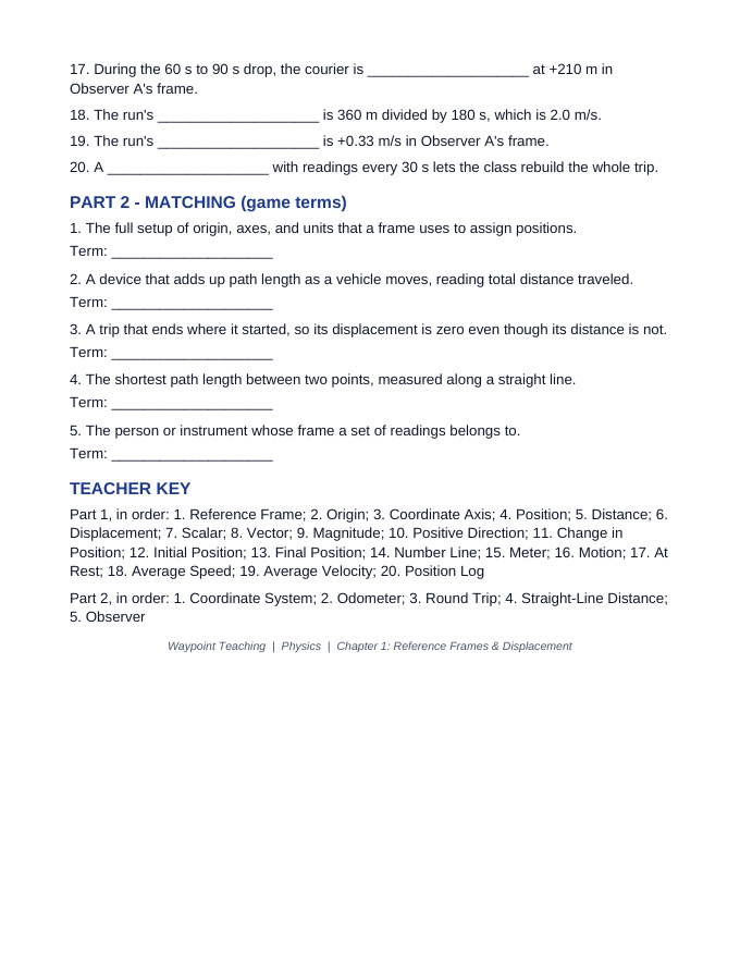 Reference Frames & Displacement Fill-in-the-Blank Vocabulary Worksheet sample page