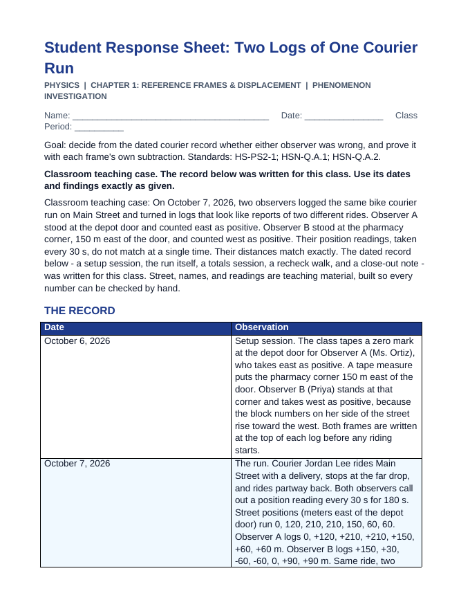 Reference Frames & Displacement Phenomena-Based Lesson: Two Logs of One Courier Run Student Response Sheet sample page