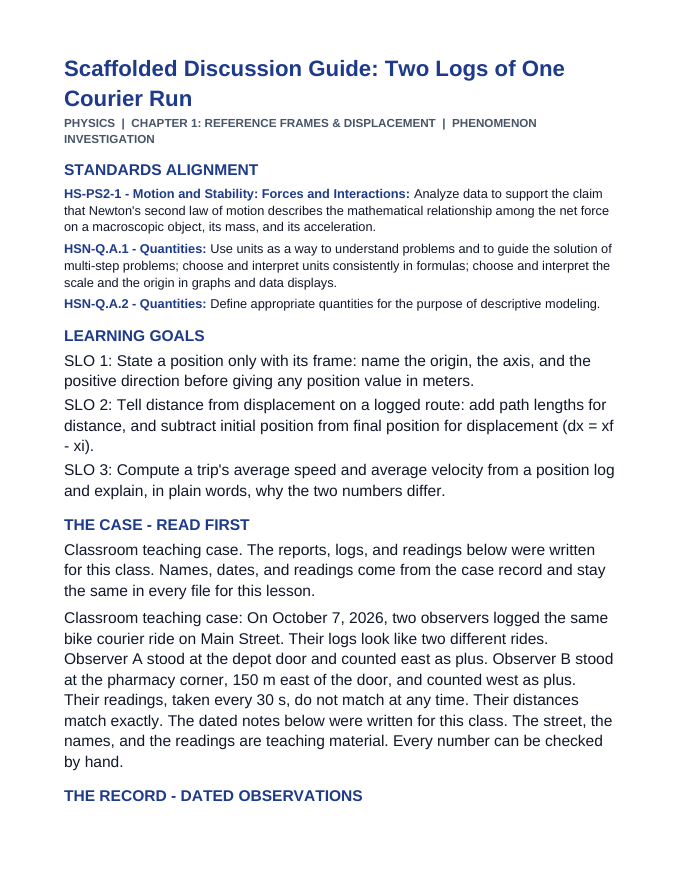 Reference Frames & Displacement Scaffolded Phenomena-Based Lesson: Two Logs of One Courier Run Teacher Discussion Guide sample page