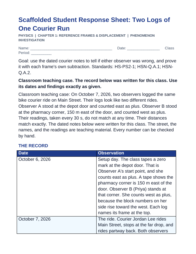 Reference Frames & Displacement Scaffolded Phenomena-Based Lesson: Two Logs of One Courier Run Student Response Sheet sample page