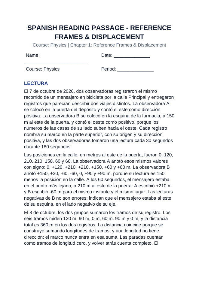Reference Frames & Displacement Spanish Reading Passage & Comprehension Questions sample page