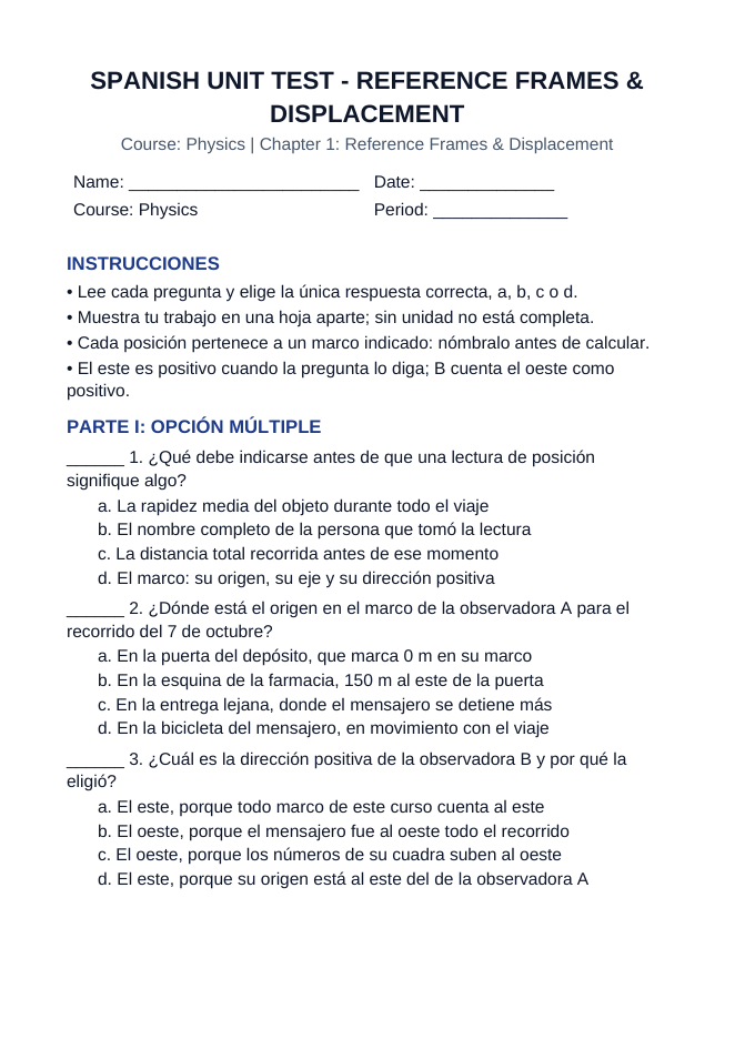 Reference Frames & Displacement Spanish Unit Test sample page