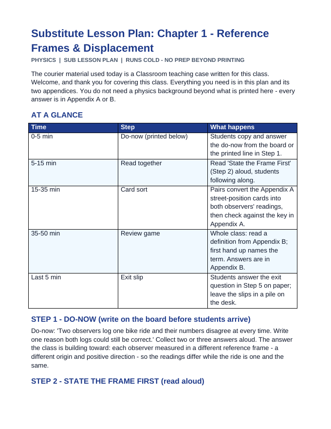 Reference Frames & Displacement Substitute Lesson Plan sample page