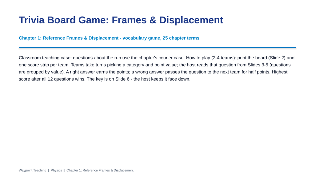 Reference Frames & Displacement Trivia Board Game sample page