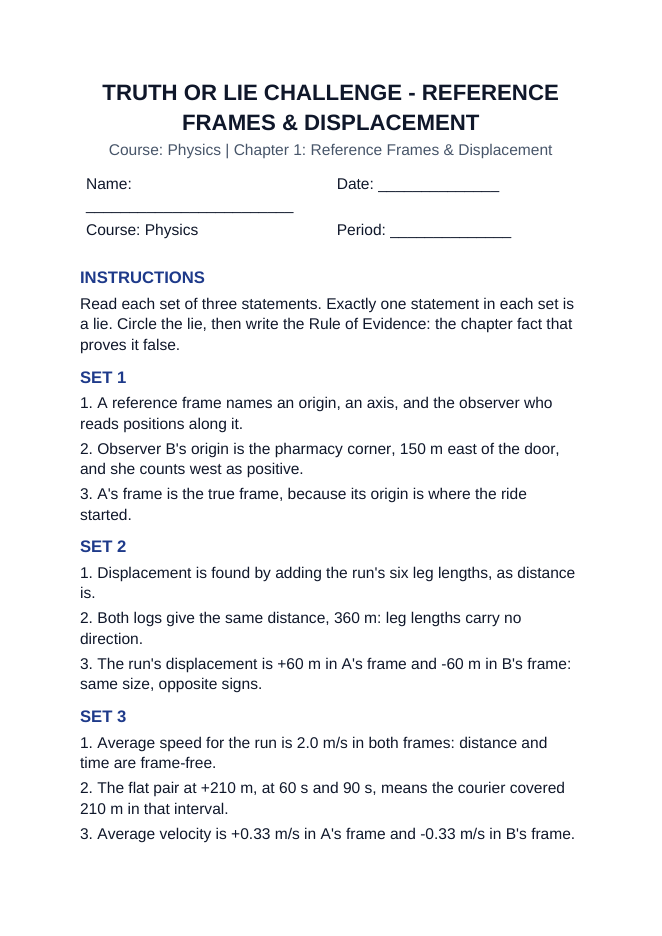 Reference Frames & Displacement Truth or Lie Challenge sample page