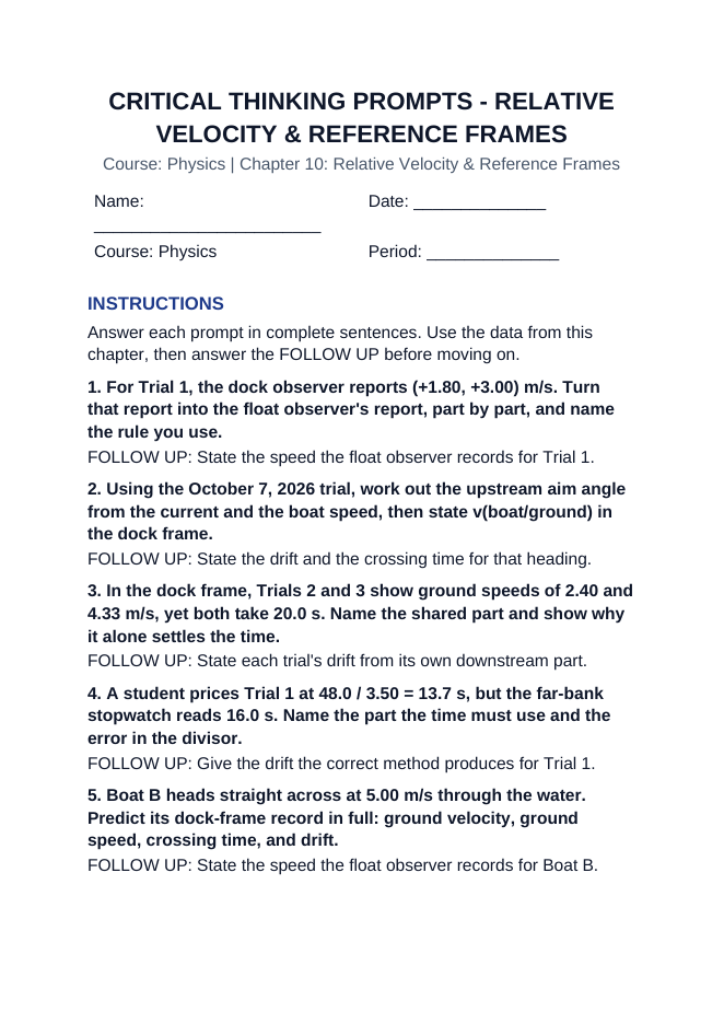 Relative Velocity & Reference Frames Critical Thinking Prompts sample page