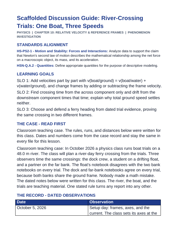 Relative Velocity & Reference Frames Scaffolded Phenomena-Based Lesson: River-Crossing Trials: One Boat, Three Speeds Teacher Discussion Guide sample page
