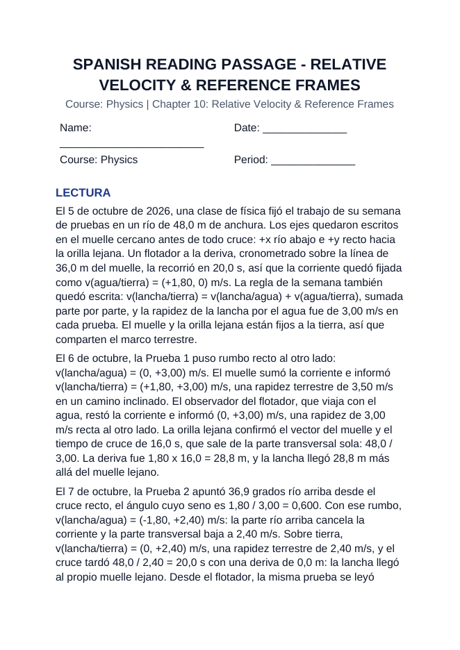 Relative Velocity & Reference Frames Spanish Reading Passage & Comprehension Questions sample page