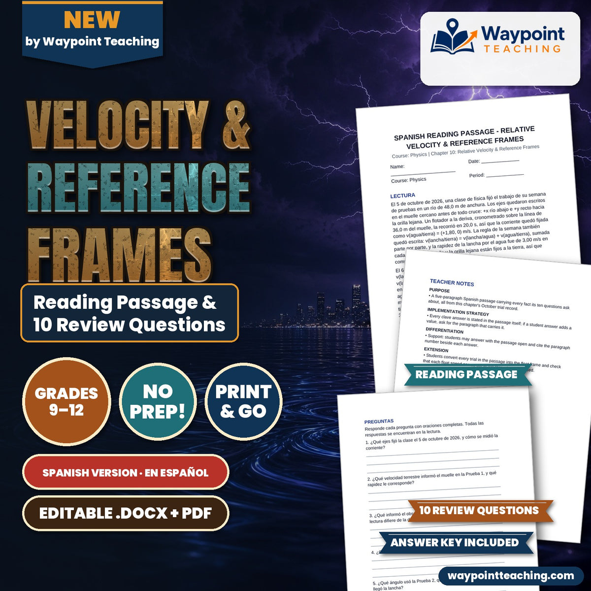 Relative Velocity & Reference Frames Spanish Reading Passage & Comprehension Questions cover
