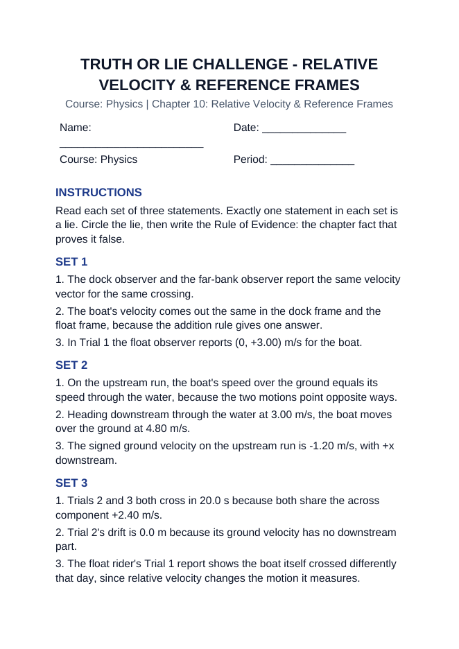 Relative Velocity & Reference Frames Truth or Lie Challenge sample page