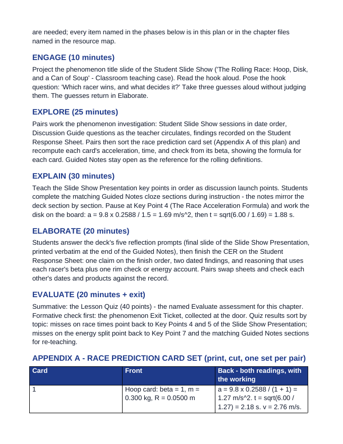 Rolling Motion Systems 5E Lesson Plan sample page