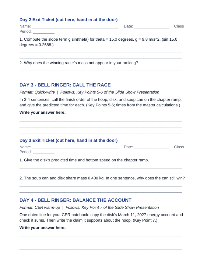 Rolling Motion Systems Bell Ringers & Exit Tickets sample page