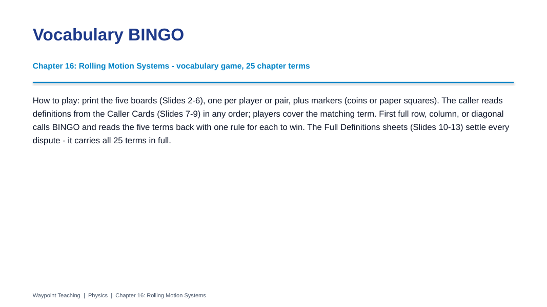 Rolling Motion Systems BINGO Review Game sample page