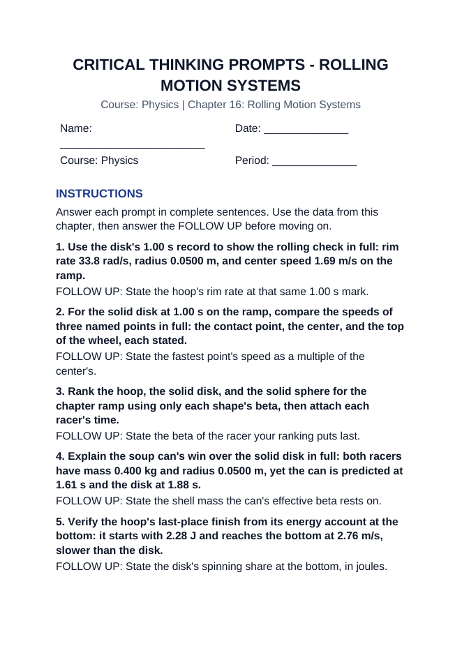 Rolling Motion Systems Critical Thinking Prompts sample page