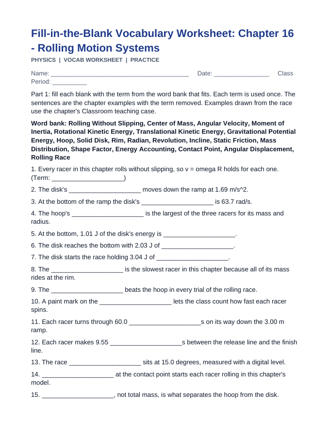 Rolling Motion Systems Fill-in-the-Blank Vocabulary Worksheet sample page