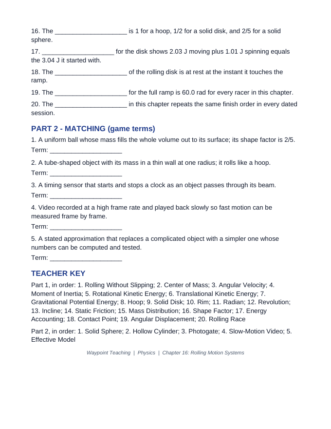 Rolling Motion Systems Fill-in-the-Blank Vocabulary Worksheet sample page