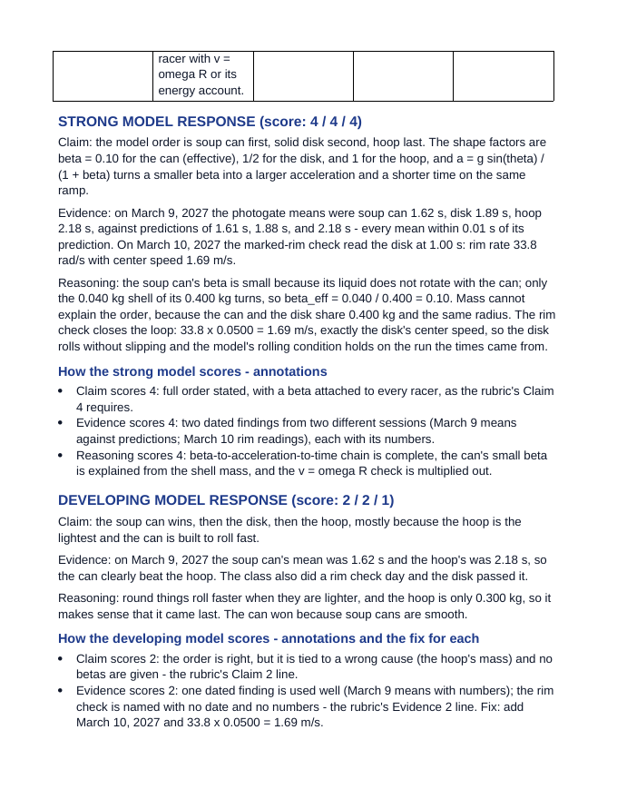 Rolling Motion Systems Model Response & Scoring Guide sample page