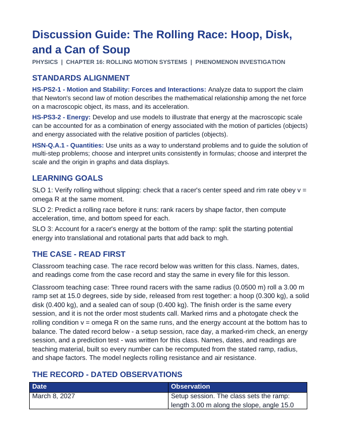 Rolling Motion Systems Phenomena-Based Lesson: The Rolling Race: Hoop, Disk, and a Can of Soup Teacher Discussion Guide sample page