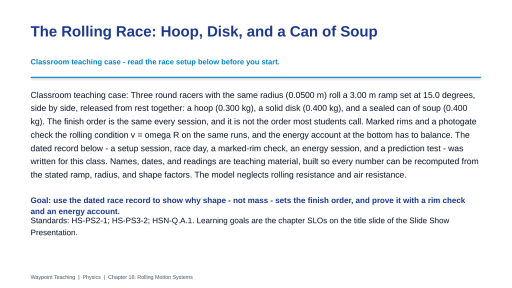 Rolling Motion Systems Phenomena-Based Lesson: The Rolling Race: Hoop, Disk, and a Can of Soup Presentation sample page
