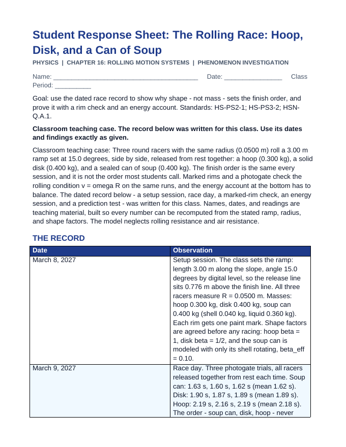 Rolling Motion Systems Phenomena-Based Lesson: The Rolling Race: Hoop, Disk, and a Can of Soup Student Response Sheet sample page