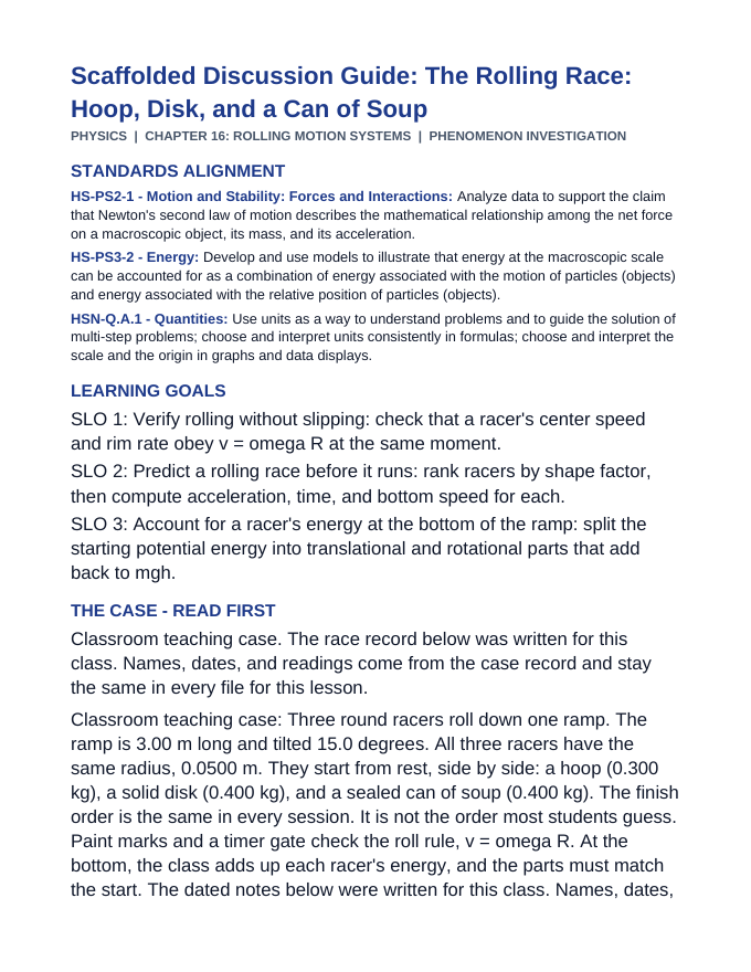Rolling Motion Systems Scaffolded Phenomena-Based Lesson: The Rolling Race: Hoop, Disk, and a Can of Soup Teacher Discussion Guide sample page