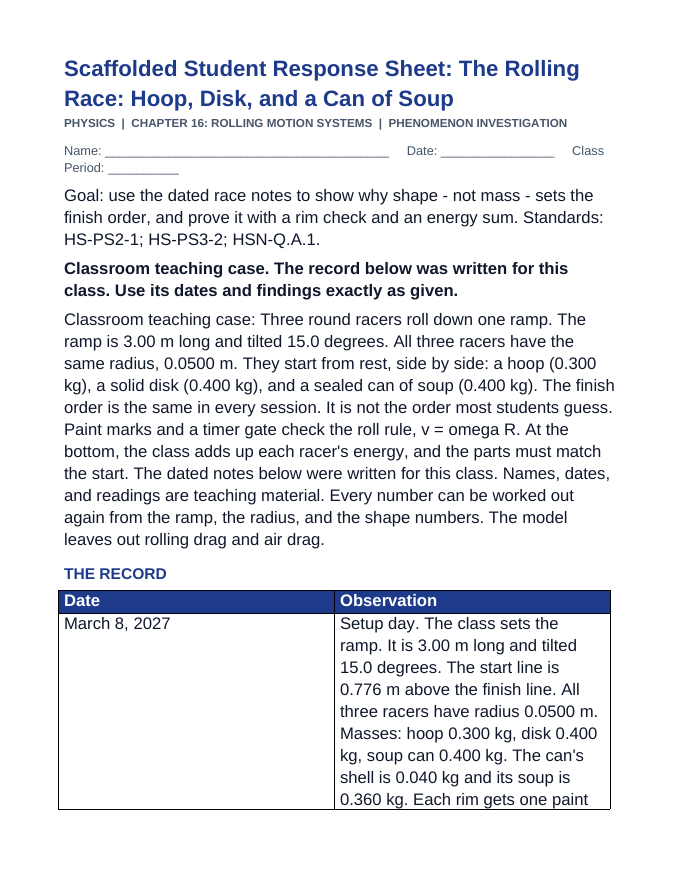 Rolling Motion Systems Scaffolded Phenomena-Based Lesson: The Rolling Race: Hoop, Disk, and a Can of Soup Student Response Sheet sample page