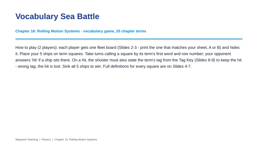 Rolling Motion Systems Sea Battle Review Game sample page