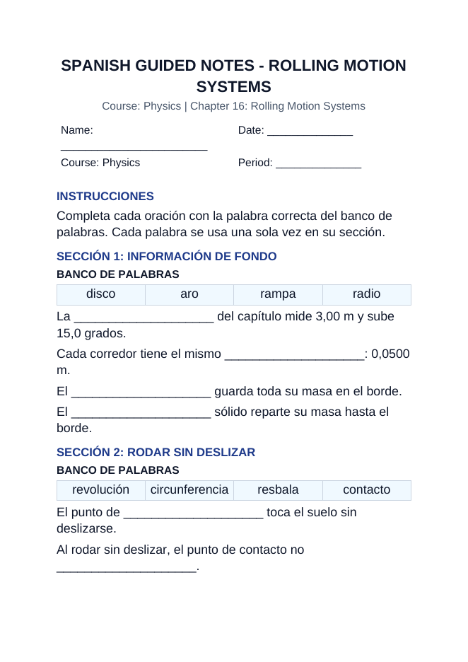 Rolling Motion Systems Spanish Guided Notes sample page