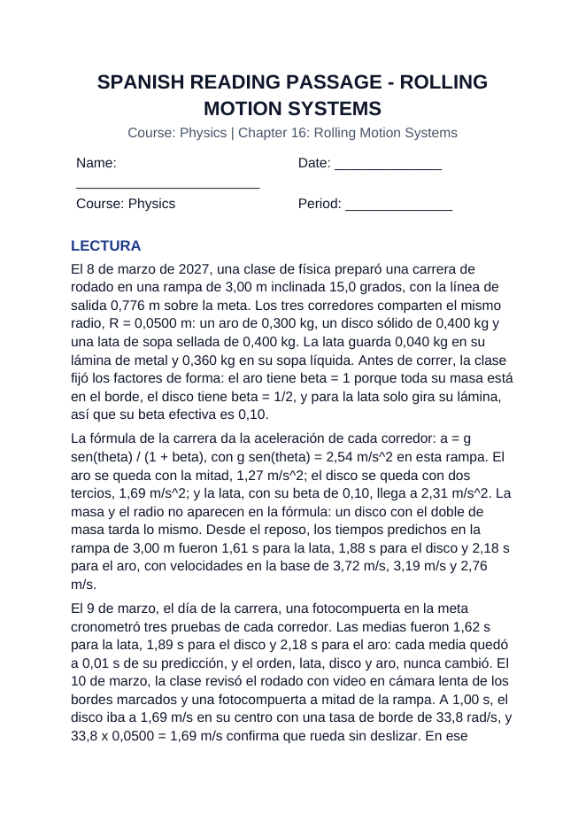 Rolling Motion Systems Spanish Reading Passage & Comprehension Questions sample page