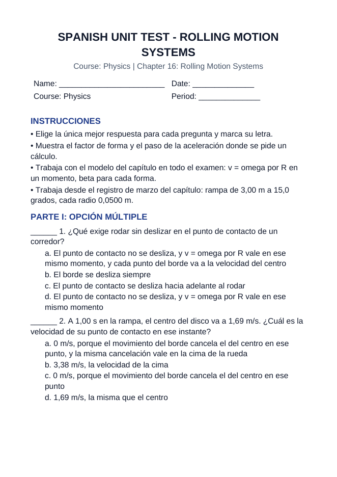 Rolling Motion Systems Spanish Unit Test sample page
