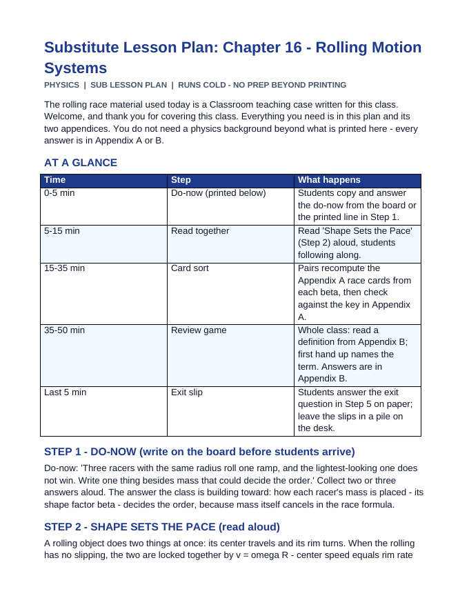 Rolling Motion Systems Substitute Lesson Plan sample page