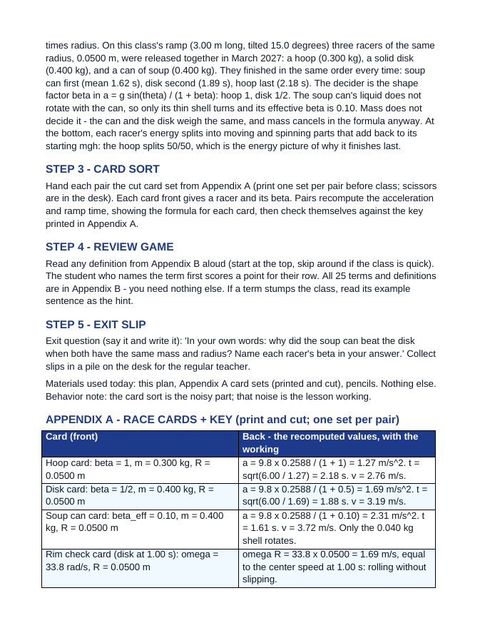 Rolling Motion Systems Substitute Lesson Plan sample page