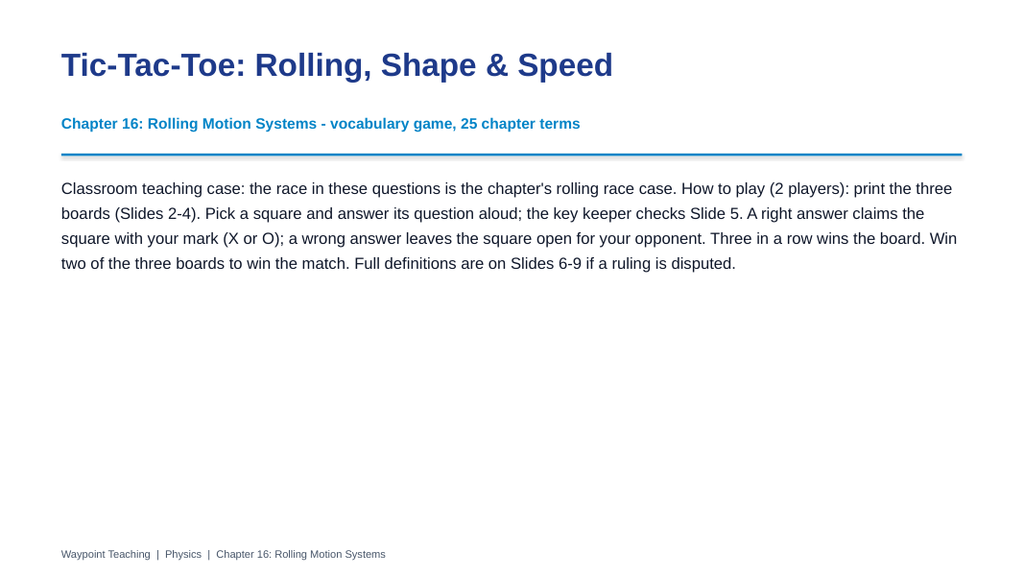 Rolling Motion Systems Tic-Tac-Toe Review Game sample page