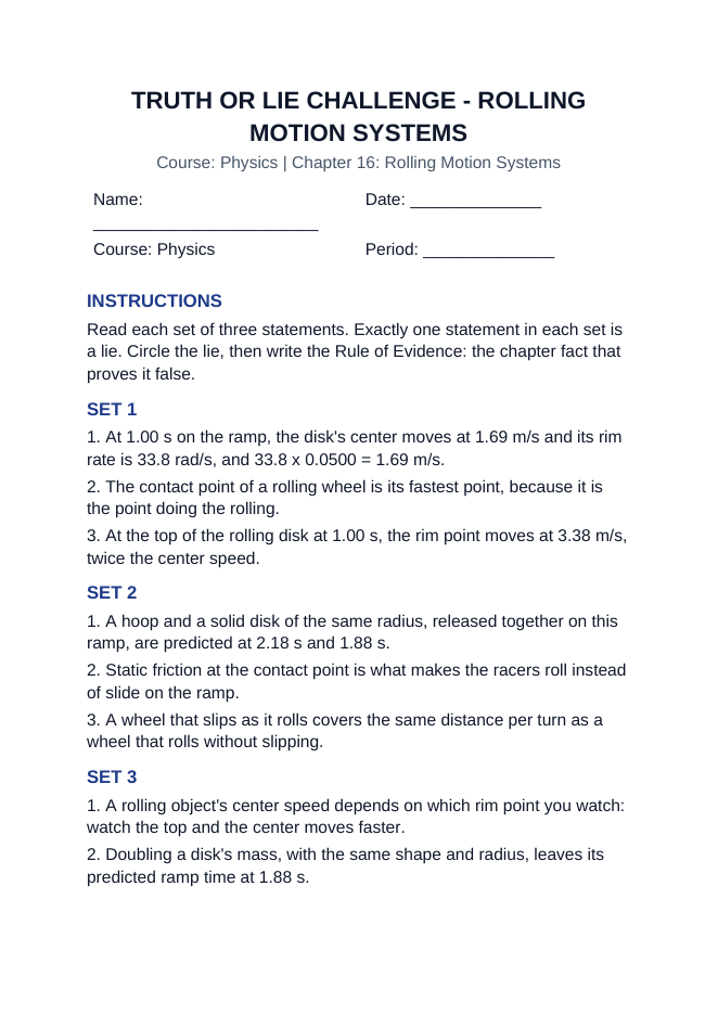 Rolling Motion Systems Truth or Lie Challenge sample page