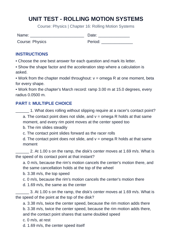 Rolling Motion Systems Unit Test sample page