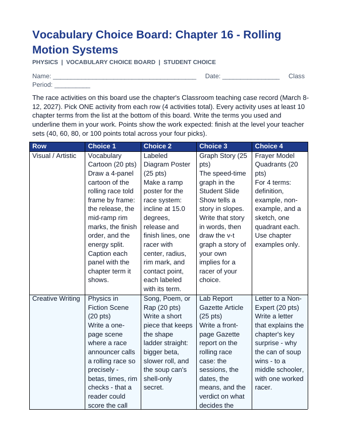 Rolling Motion Systems Vocabulary Choice Board sample page