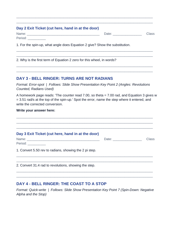 Rotational Kinematic Equations Bell Ringers & Exit Tickets sample page