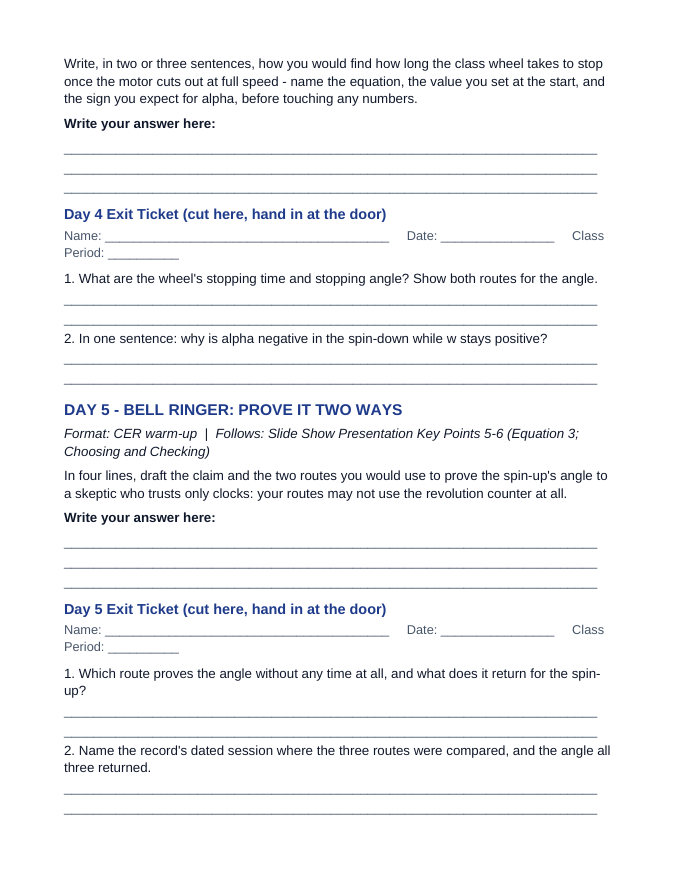 Rotational Kinematic Equations Bell Ringers & Exit Tickets sample page