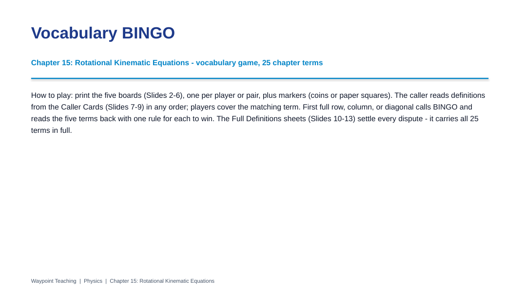 Rotational Kinematic Equations BINGO Review Game sample page