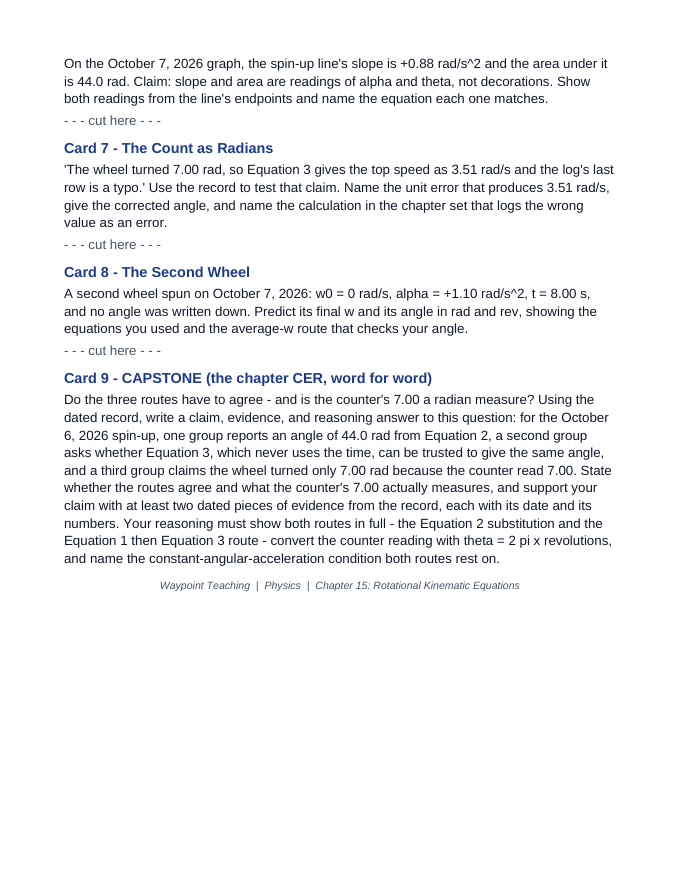 Rotational Kinematic Equations CER Task Cards sample page