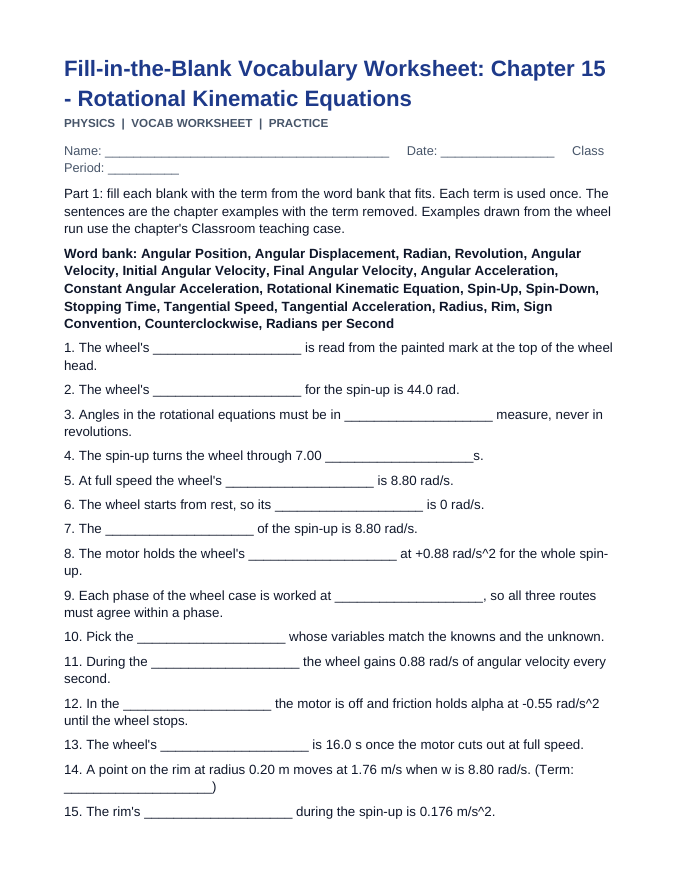 Rotational Kinematic Equations Fill-in-the-Blank Vocabulary Worksheet sample page