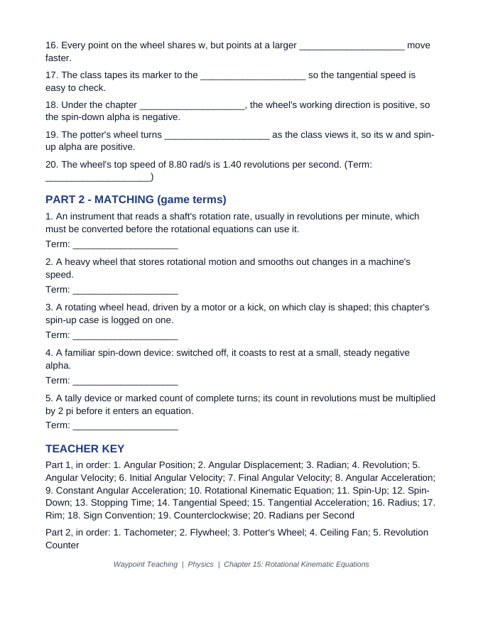 Rotational Kinematic Equations Fill-in-the-Blank Vocabulary Worksheet sample page