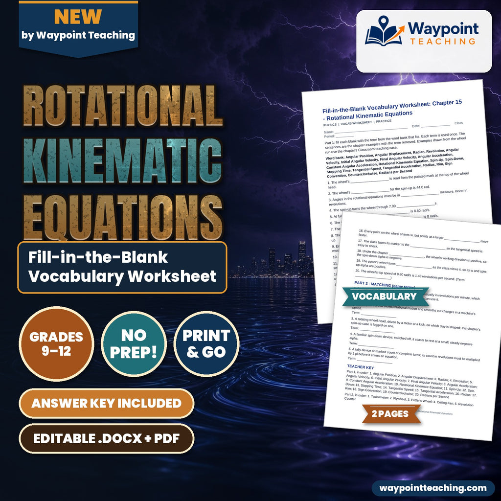 Rotational Kinematic Equations Fill-in-the-Blank Vocabulary Worksheet cover