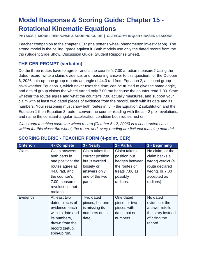 Rotational Kinematic Equations Model Response & Scoring Guide sample page
