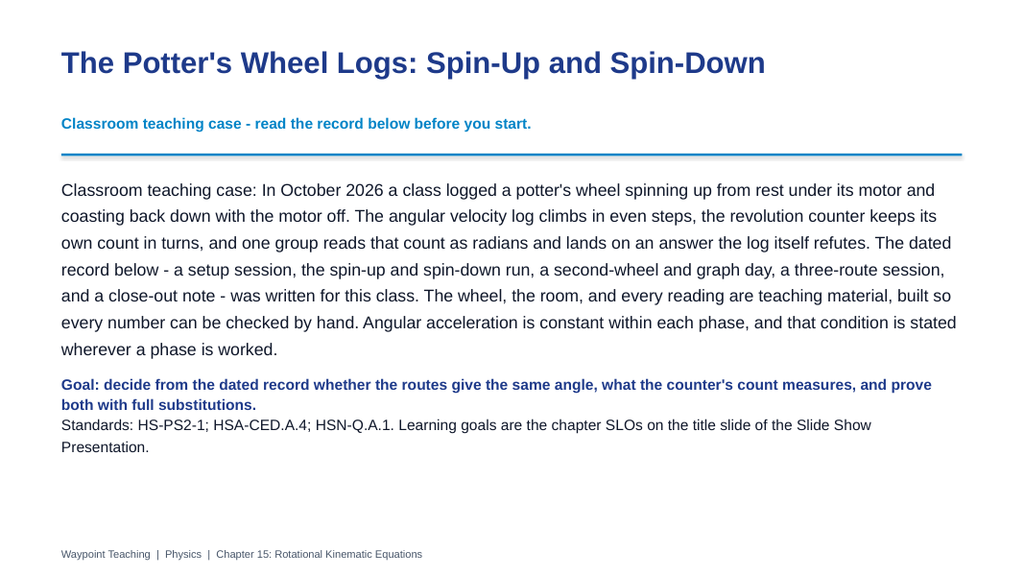 Rotational Kinematic Equations Phenomena-Based Lesson: The Potter's Wheel Logs: Spin-Up and Spin-Down Presentation sample page