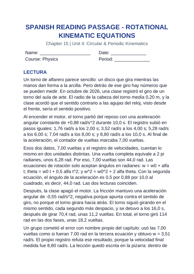 Rotational Kinematic Equations Spanish Reading Passage & Comprehension Questions sample page